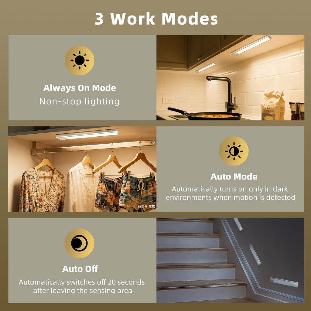16inch Under Cabinet Lighting, 4 Pack Rechargeable Motion Sensor Light Indoor, Wireless Dimmable Magnetic Closet Lights, 68 LED Under Counter Lights for Kitchen, Wardrobe, Stairs, Warm Light