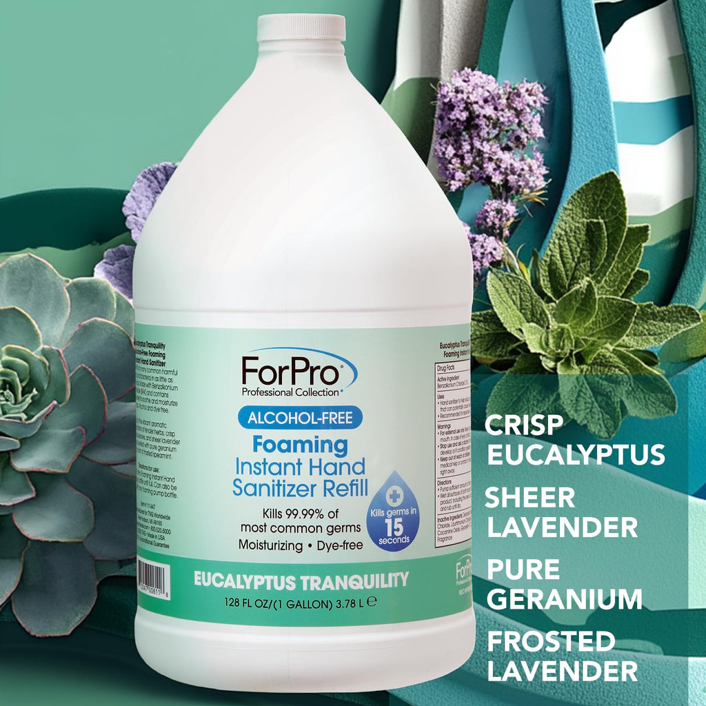 ForPro Alcohol-Free Foaming Instant Hand Sanitizer, 1 Gallon (128 fl oz) Refill – Moisturizing, Dye-Free Formula, Eucalyptus Tranquility Scent