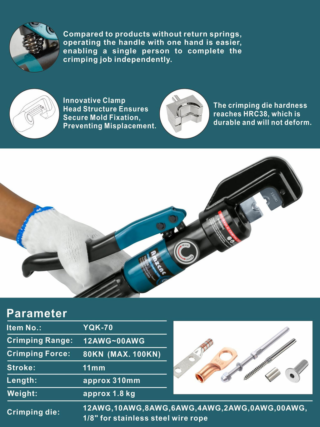 AMZCNC 10 Ton Hydraulic Battery Cable Crimper, 180° Rotating Head