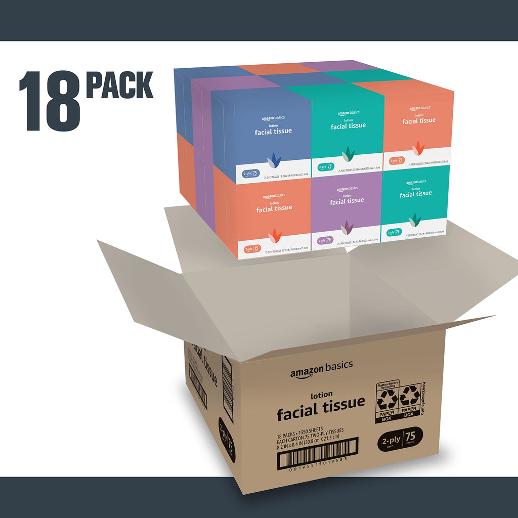 Amazon Basics Facial Tissues with Lotion, 2-Ply, 1350 Count (18 Packs of 75), Cube Box, (Packaging May Vary)