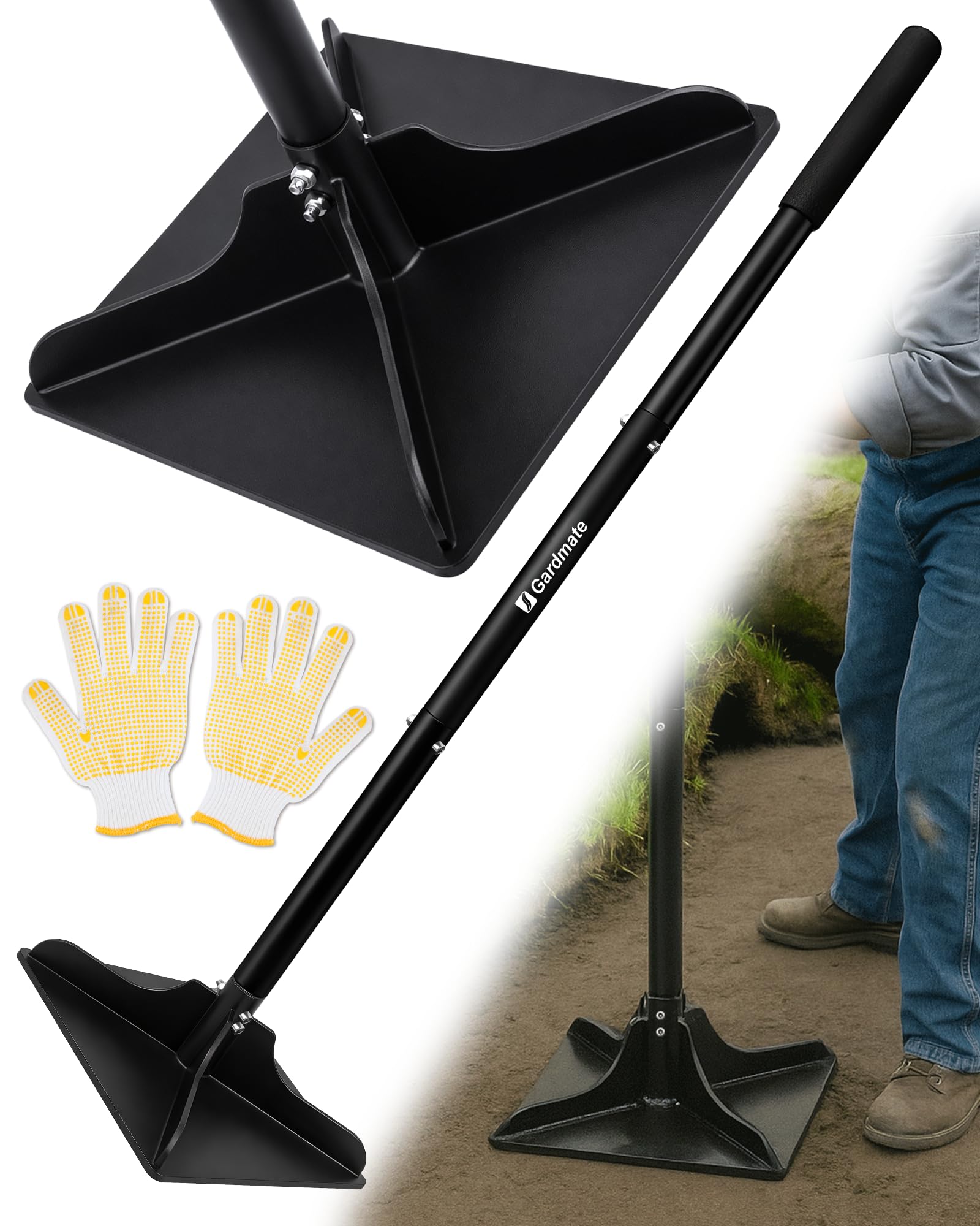 GARDMATE Steel Tamper Tool, 8''x8'' Heavy Duty Hand Tamper for Soil Compaction, 48" Adjustable Handle with Non-Slip Grip, Ground Dirt Tamper for Landscaping, Patio, Asphalt Repair with Gloves