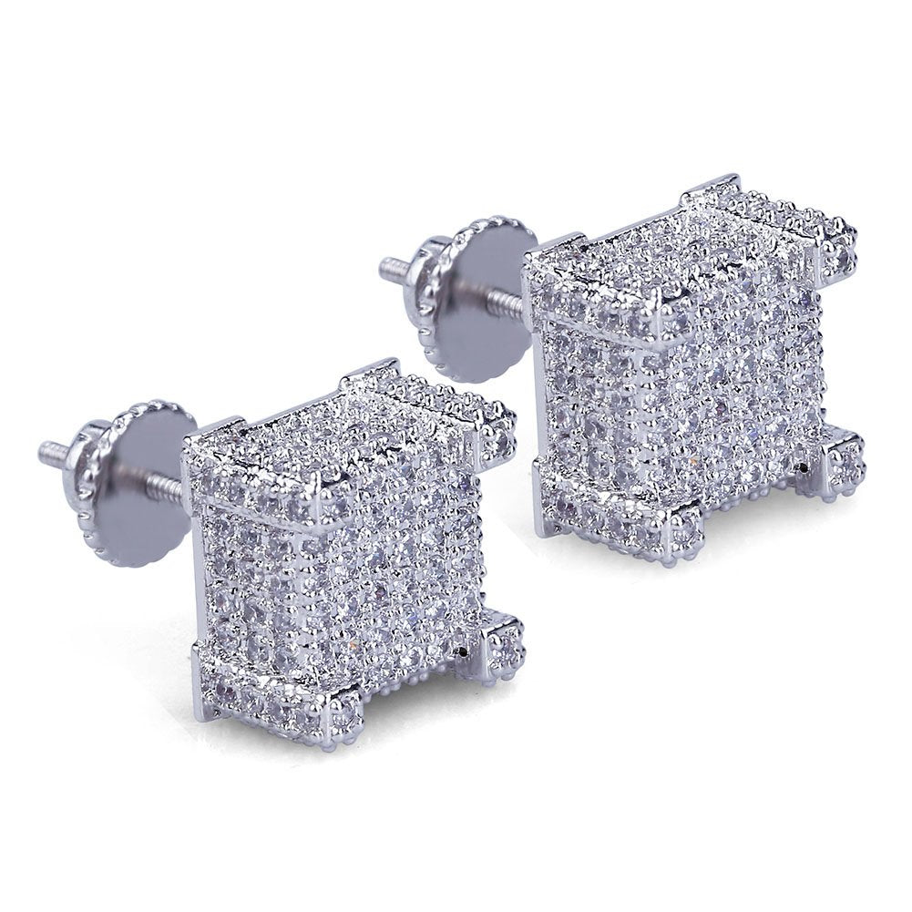 TOPGRILLZ 925 Sterling Silver Square Screw Stud Earrings 14K Gold Plated 5A+ Cubic Zirconia Iced Out Square Screw Back Hypoallergenic Cube Large Stud Earrings For Men Women(03Silver)