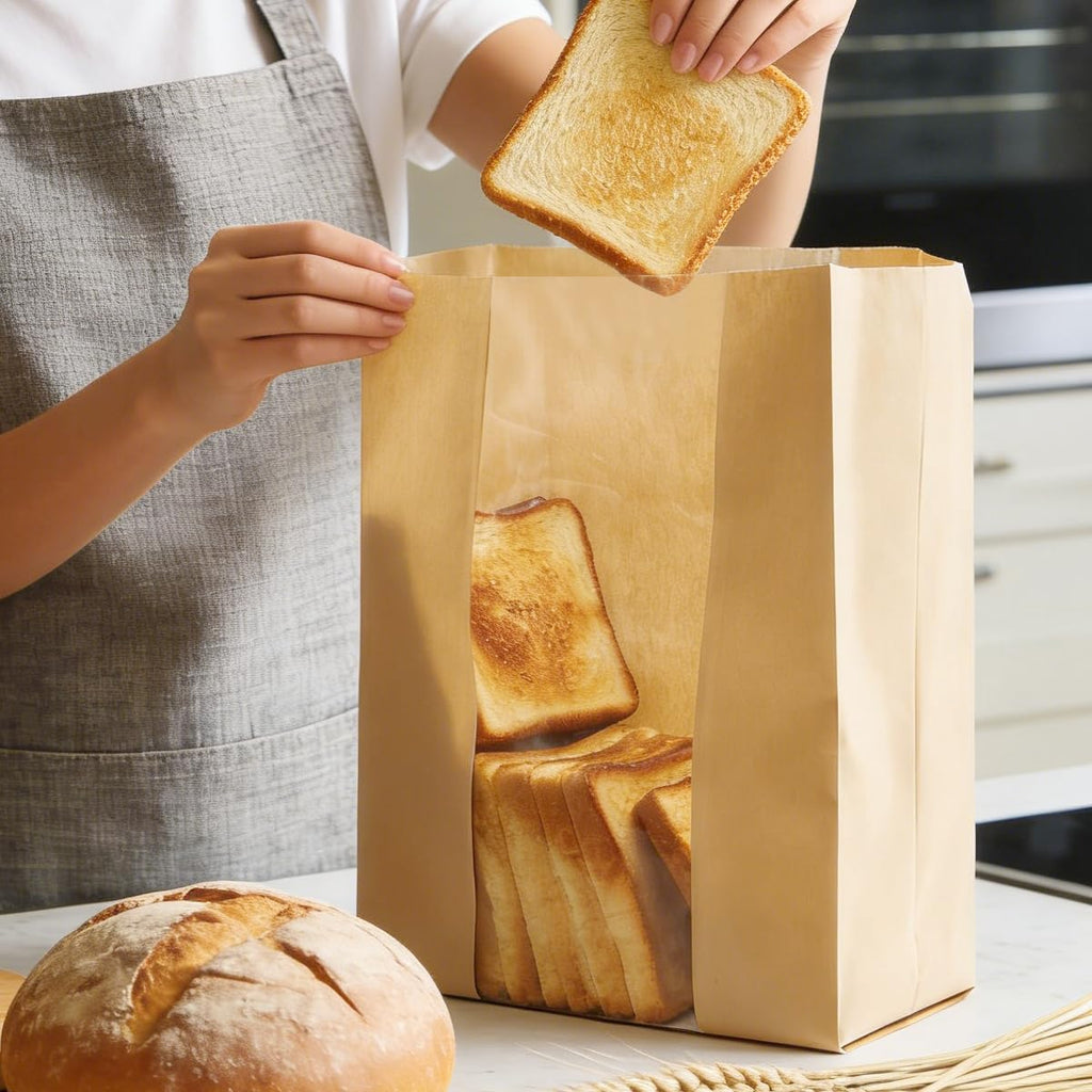 HiCivan 15.7x10.2x5.1in Extra Large Paper Bread Bags for Homemade Bread with Window&Sticker for Supersized Sourdough Bread, Oversized Bread Loaf, Baked Goods, Packaging for Gifting-Brown Kraft 50Pcs