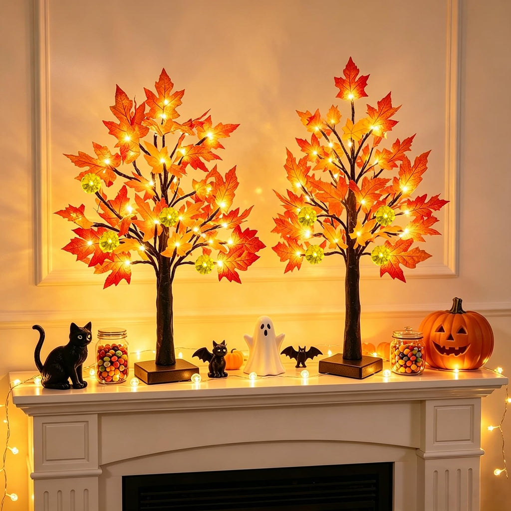 TURNMEON Fall Decor 2 Pack 24 Inch Prelit Fall Maple Tree 48 LEDs Timer