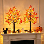 TURNMEON Fall Decor 2 Pack 24 Inch Prelit Fall Maple Tree 48 LEDs Timer