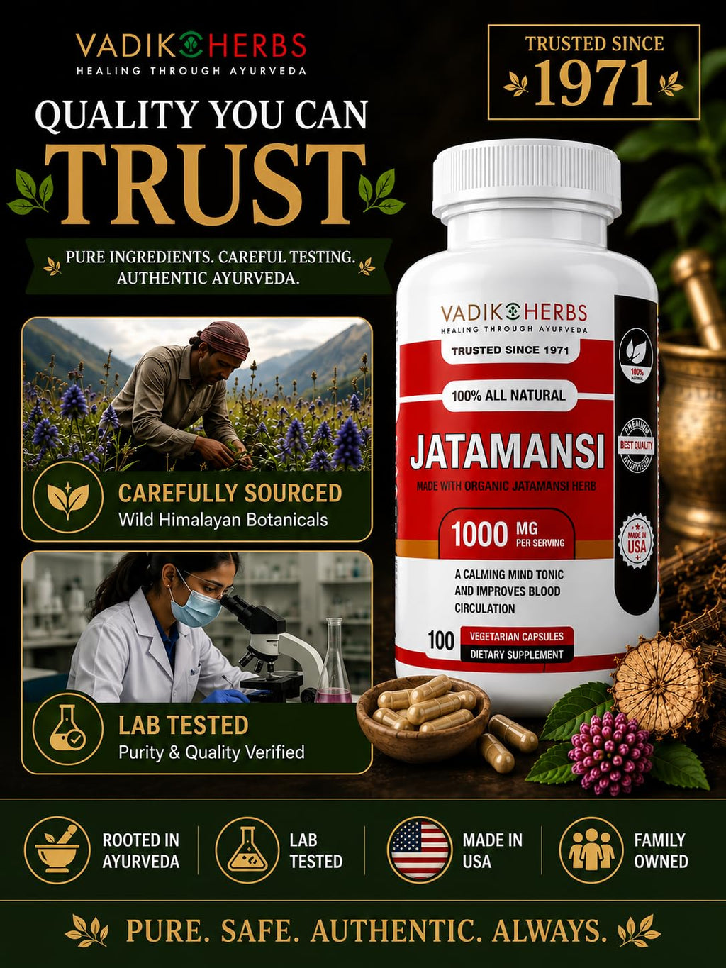 Vadik Herbs Jatamansi Capsules 1000mg | Organic Jatamansi Root (Nardostachys jatamansi) | Ayurvedic Herb for Calm, Clarity & Restful Sleep | 100 Vegetarian Capsules | Non-GMO | Trusted Since 1971