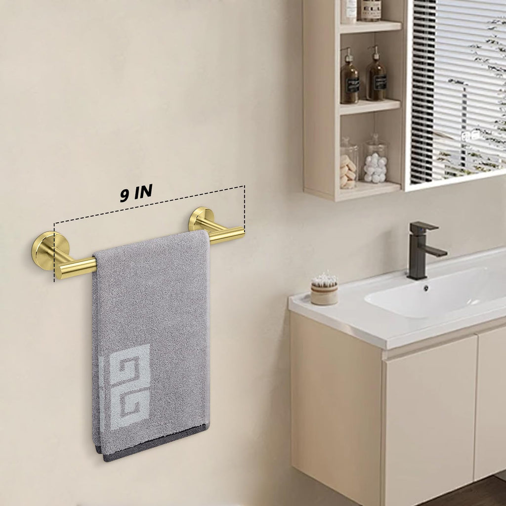 NearMoon Bath Towel Bar, Thicken Stainless Steel Shower Towel Rack Holder Wall Mounted for Bathroom, 9-lnch Overall Length-7-lnch Usable Hanging Space (1 Pack, Brushed Gold)