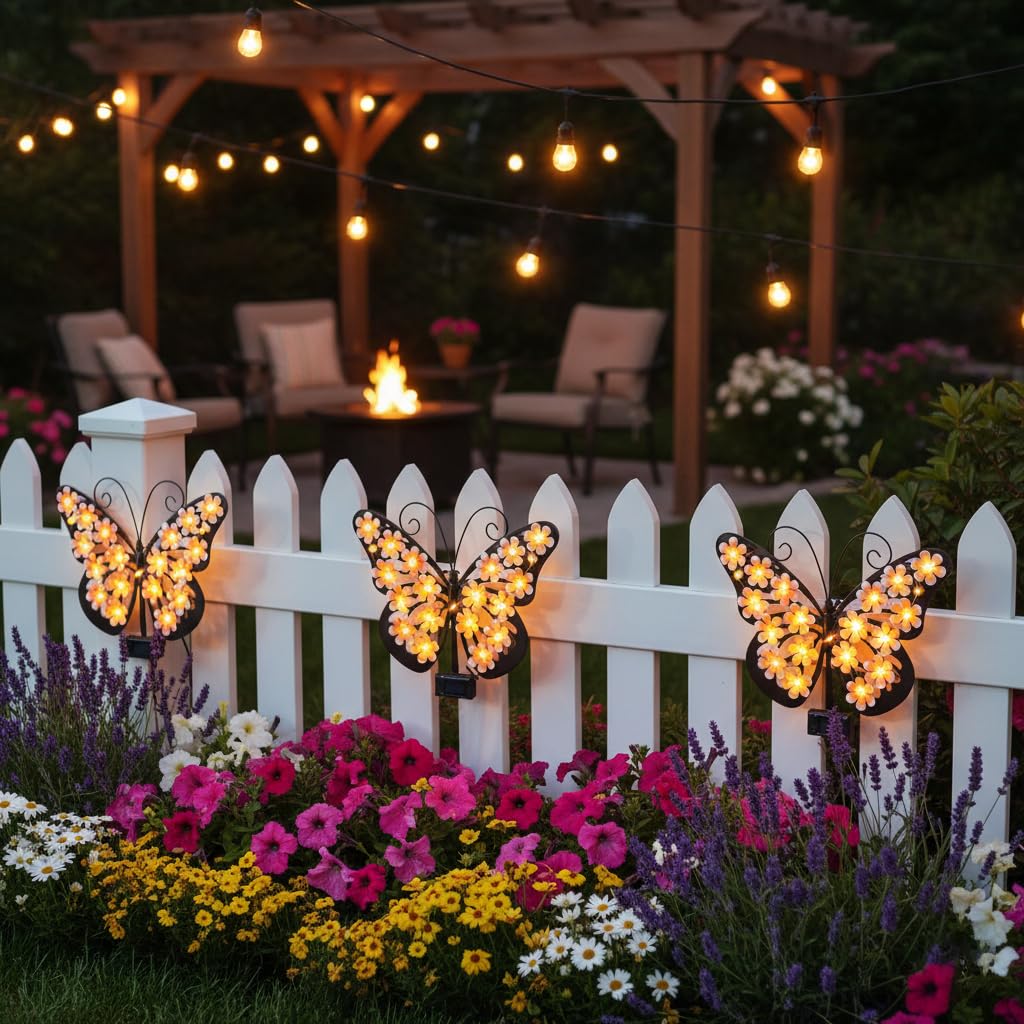 Solar Butterfly Lights Outdoor Metal Wall Decor with 30 Led Decorative