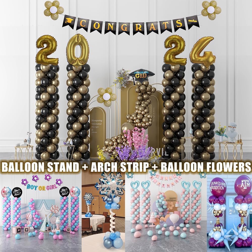 GIMCALO Balloon Column Stand Kit Set of 4, 7ft Height Adjustable Balloon Arch Kit with 2 Ballon Garland Strip, Metal Telescopic Pillar Balloon Stand, Birthday Party, Graduation, Halloween Decorations