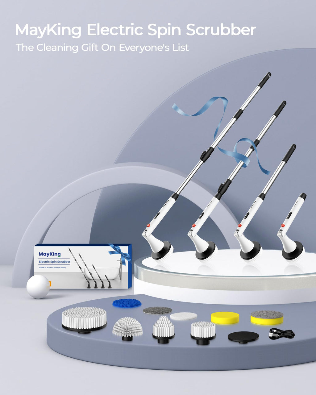 MayKing Electric Spin Scrubber with 9 Brush Heads, 3-Angle & 4-Length Adjustable Cordless Power Scrubber, 3-Speed & Battery LED Display, Electric Scrubber for Cleaning Bathroom Bathtub Floor Tiles