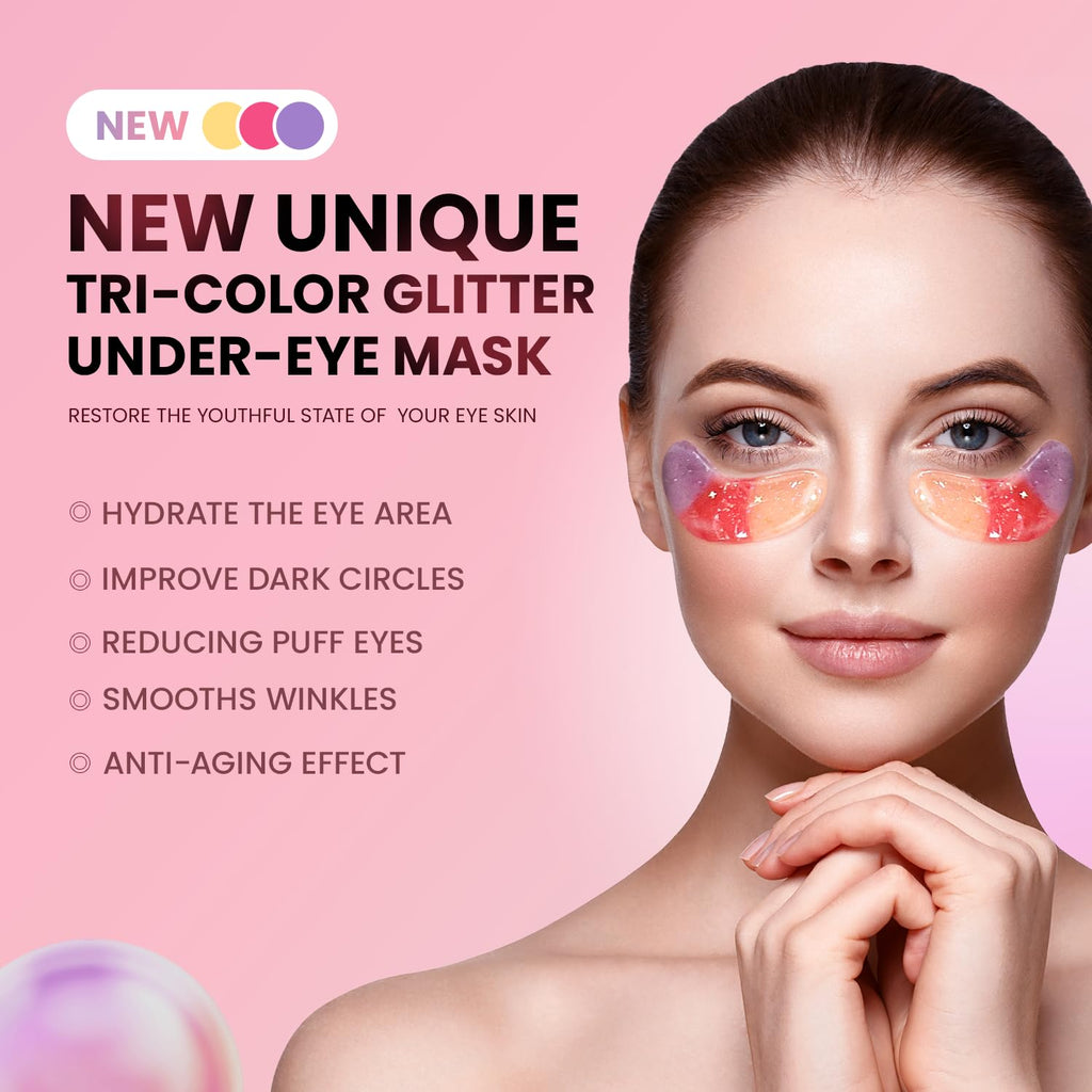 AILEORY Under Eye Patches (48 Pairs) - Tri-color Glitter Eye Gel Pads for Dark Circles, Puffy Eyes, Under eye Bags, Wrinkles | Natural Collagen Under Eye Mask Patches, Gel Under Eye Patches