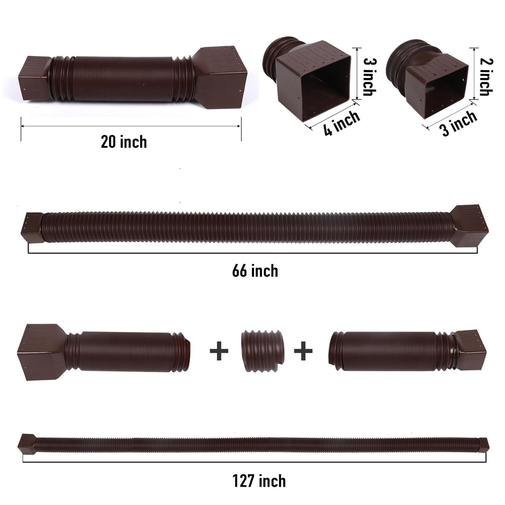 2 Pack Rain Gutter Downspout Extensions, Upgraded Flexible Drain Down Spout Extender for Rain Water Drainage, Each Extendable from 20" to 66", Combine to 10 ft with Connector(Brown)