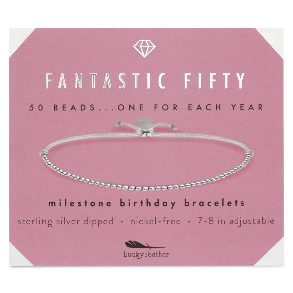 Lucky Feather 50th birthday gifts for her | 50th birthday gifts for women Bracelet | 14K Gold, Rose Gold, or Silver Dipped Beads on Adjustable Cord | Trendy 50 year old gifts for women | With Card