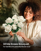 White Rose Bouquet Building Set, Compatible with Lego Flowers for Adults Women, Botanical Collection Gift for Valentines & Mother's Day - Artificial Plant Home Decor - IA11013