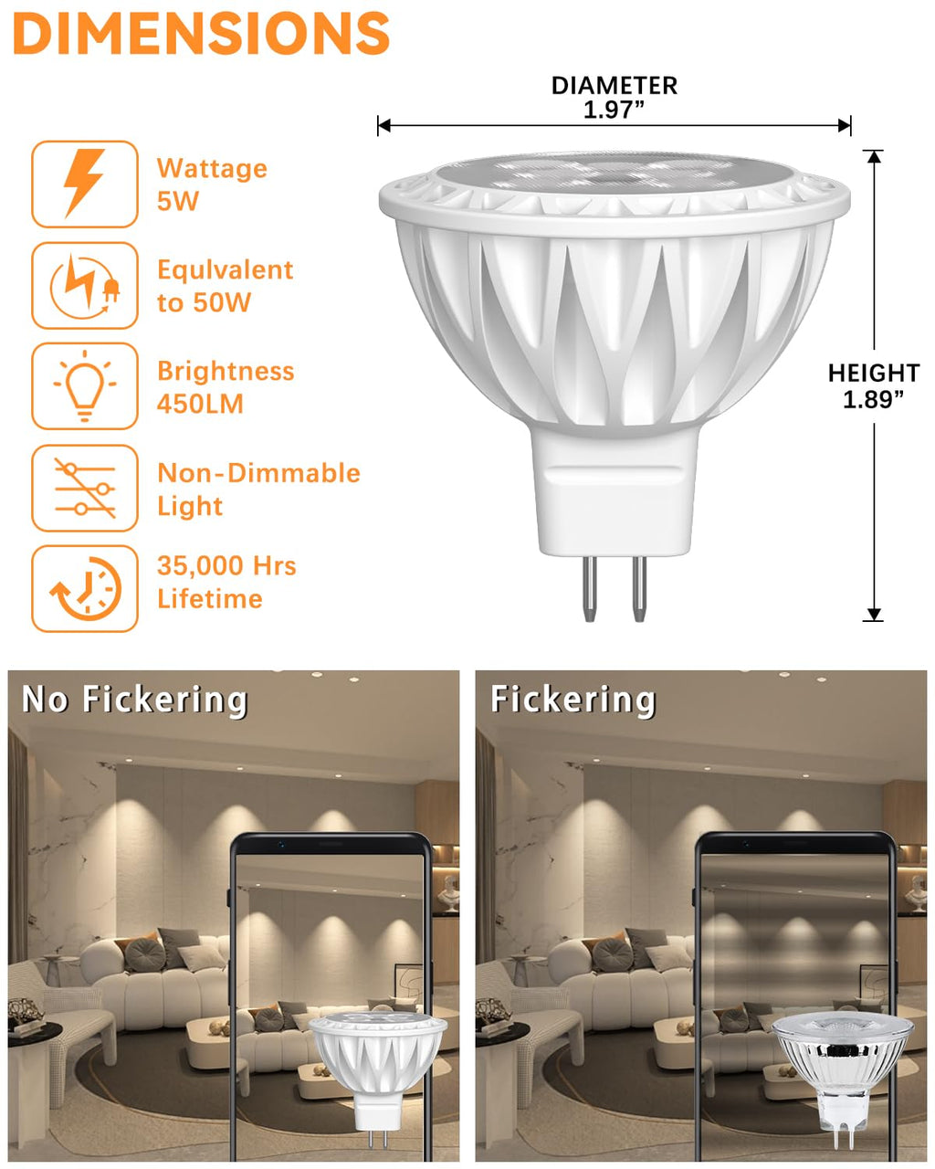 GOHDLAMP MR16 LED Bulbs 50W Halogen Equivalent Landscape Light Bulbs, 2700K Warm White 5W GU5.3 MR16 12V Spotlight Bulb, Non-Dimmable 38° Beam Angle for Landscape, Recessed, Track Lighting 6 Pack