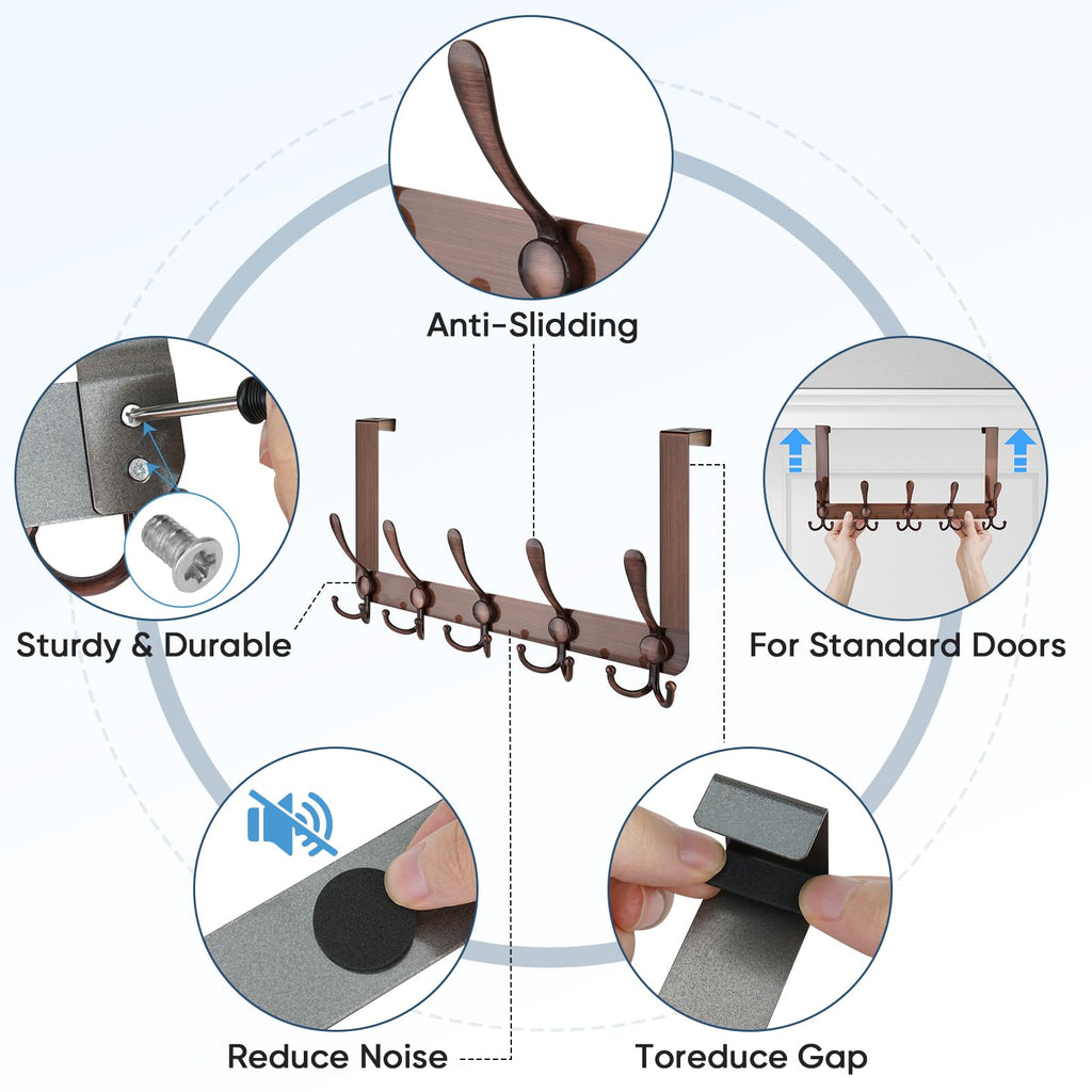 TICONN Over The Door Hooks, 5 Heavy Duty Tri Coat Rack All Metal Coat Hanger for Bathroom Bedroom Dorm (Antique Bronze, 2PK, Fit 1-3/8" Doors)