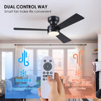 Asyko Ceiling Fans with Lights,46" Low Profile Ceiling Fan with Light and Remote Control,Flush Mount, Reversible, Dimmable, Noiseless, Black Ceiling Fan for Bedroom