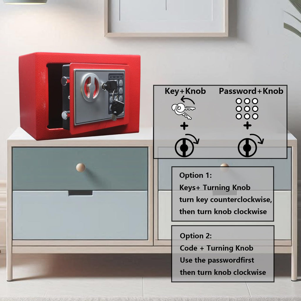 Yuanshikj Safe Box with Electronic Keypad, Small Hidden Steel Security Lock Box with Key, 0.23 Cubic Feet, 9.05" W x 6.69" D x 6.69" H, for Jewelry Gun Cash Use Storage money (RED)