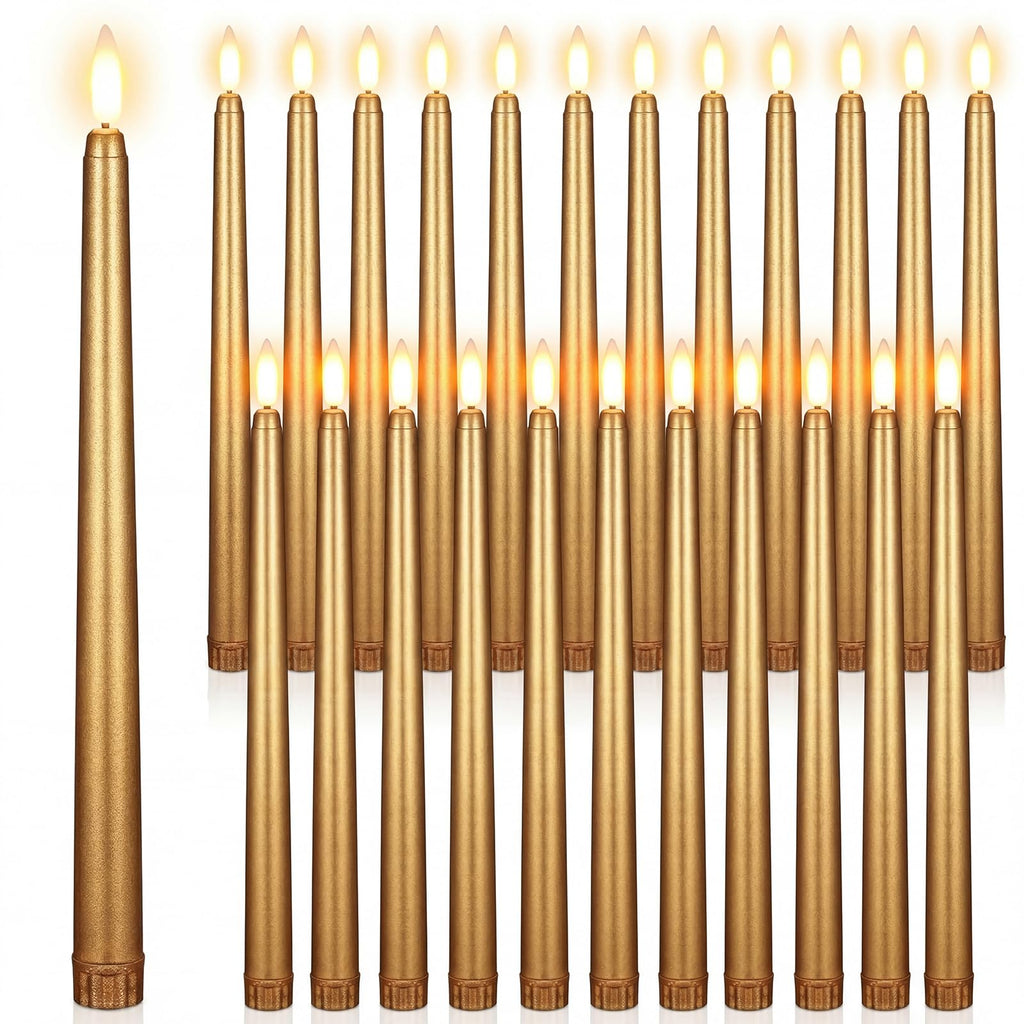 Macarrie 24 Packs Flameless Taper Candles Battery Operated Fake 11 Inch Long Candlelight LED Flameless Candlesticks Flickering Tapered for Spring Summer Wedding(Gold)