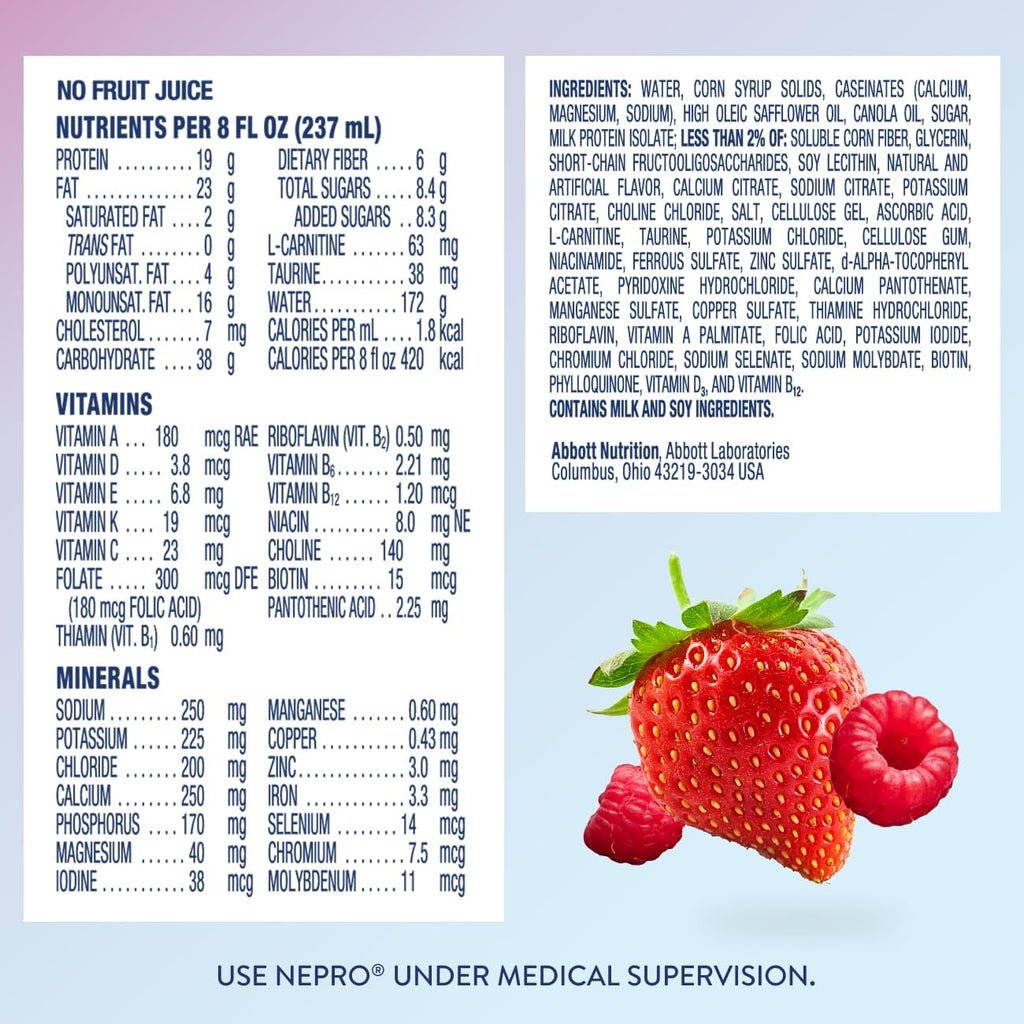 Nepro Nutrition Shake for People on Dialysis, 19g Protein, 420 Calories, Mixed Berry, 8 fl oz, Pack of 24