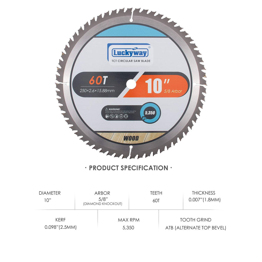 Luckyway 10 Inch Table/Miter Saw Blade 60T Fine Finish with 5/8 Inch Arbor TCT (Tungsten Carbide Tipped) Saw Blade for Cutting Wood