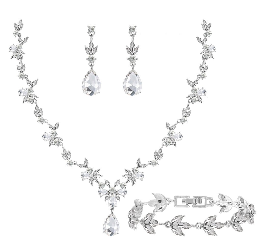 Paxuan Bridal Wedding Elegant Floral Jewelry Set for Women/Brides/Bridesmaids Crystal Jewelry Set for Wedding Prom Party Bridal Crystal Necklace Earrings Bracelet Set (White (Silver))