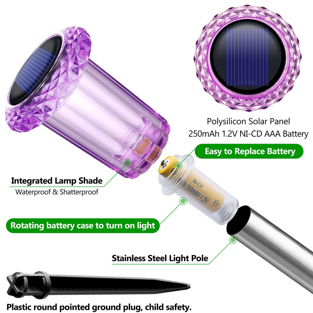 DenicMic Solar Lights Outdoor 10 Pack Waterproof Purple LED Stainless Steel Stake Outside Lights for Yard Pathway Garden Driveway Walkway Landscape Path Lighting Halloween Decorations Outdoor