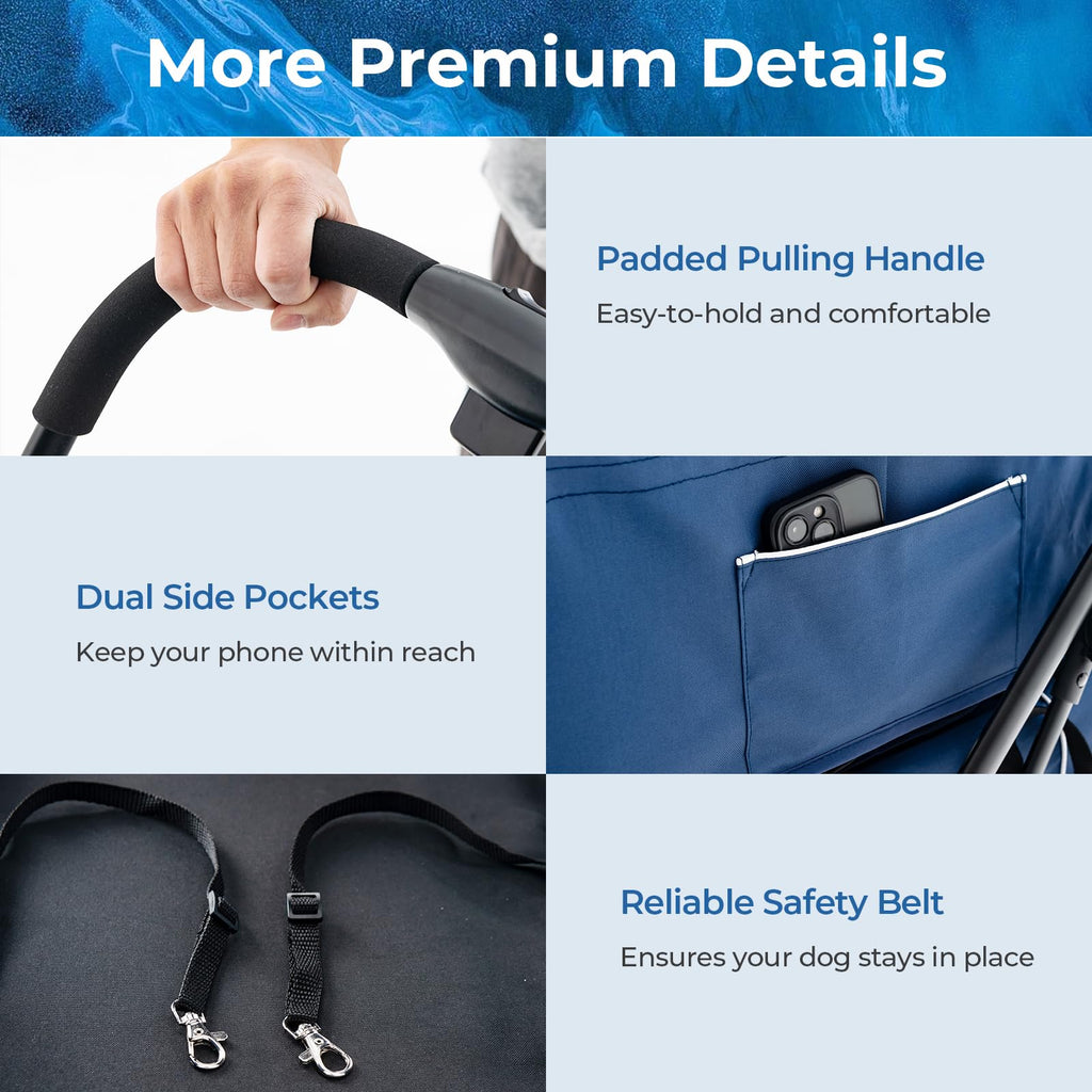 HAPPAWS Pet Stroller with Detachable Carriers, Adjustable Cat Stroller for Small & Medium Pets, 4-in-1 Cat Carriers with Safety Belt and Lockable Wheels, Navy Blue