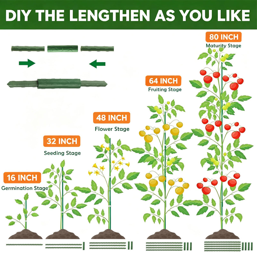 Frcctre 50 Pack 16 Inches Garden Stakes with 25 Connectors, Connectable Plant Support Stakes Plastic Coated Metal Tomato Sticks Plant Climbing Support for Tomatoes, Cucumber, Beans, Potted Plants