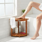 VICTORY RELAX Acacia Wood Corner Shower Stool - Waterproof Triangular Bathroom Bench with Storage Shelf & Soap Dish for Shaving, Natural Wood (17.9x12.7x16.5)