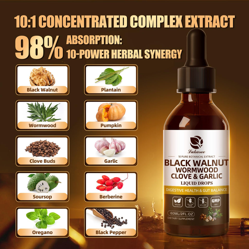 Lukaree Wormwood Black Walnut Clove Cleanse for Humans Tincture – Rapid Gut Detox & Digestive Health with Garlic Pumpkin Seeds Soursop Oregano, 10:1 Ultra-Concentrated Liposomal Tech 98% Absorption