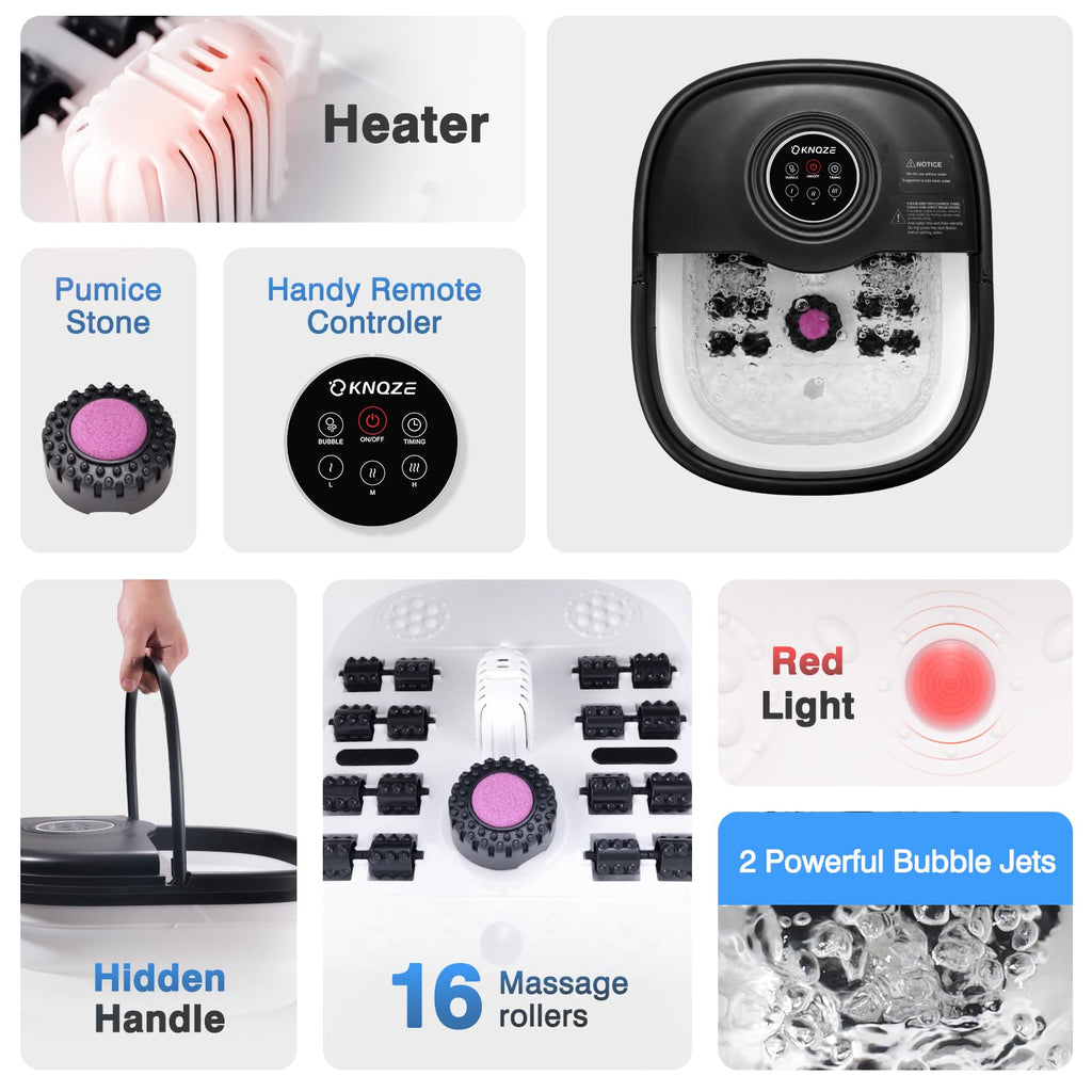 KNQZE Collapsible Foot Spa Bath with Heat & Remote Control, Bubble Massage, Temperature Control, Red Light (Black)