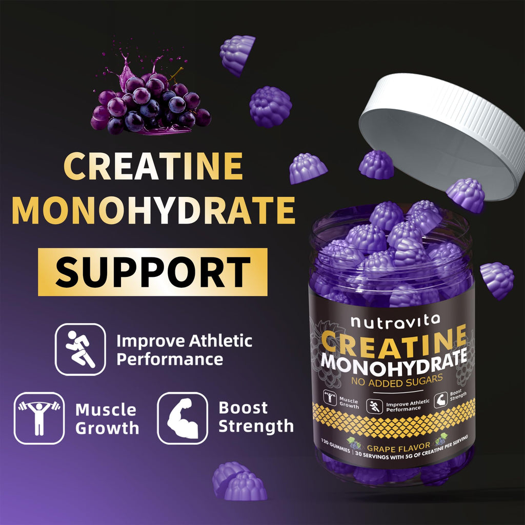 Nutravita Creatine Monohydrate Gummies for Men & Women-5g of Creatine Monohydrate per Serving - Sugar Free,Vegan, Grapes Flavor, 120 Count
