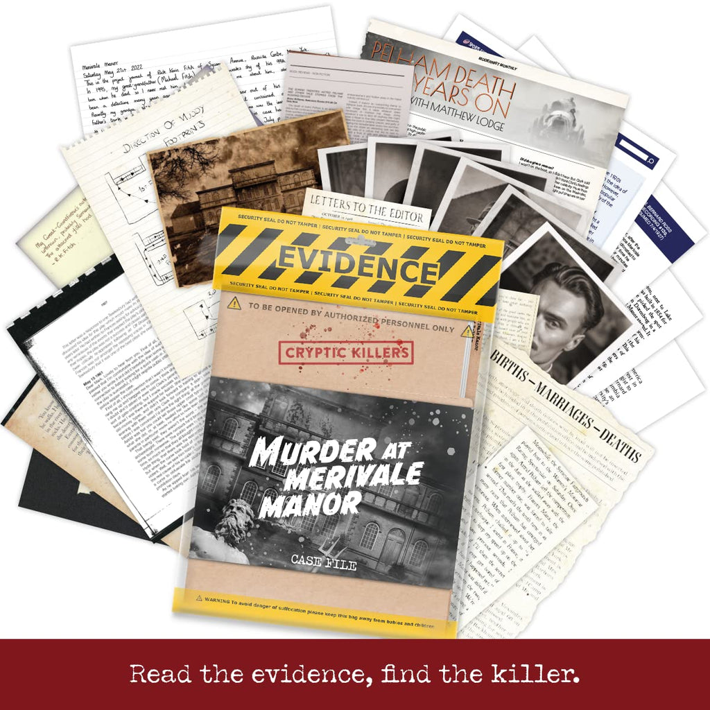 Unsolved murder mystery game - Cold Case Files Investigation - CRYPTIC KILLERS - Detective Evidence & Crime File - individuals, date nights & party games- "Murder at Merivale Manor"