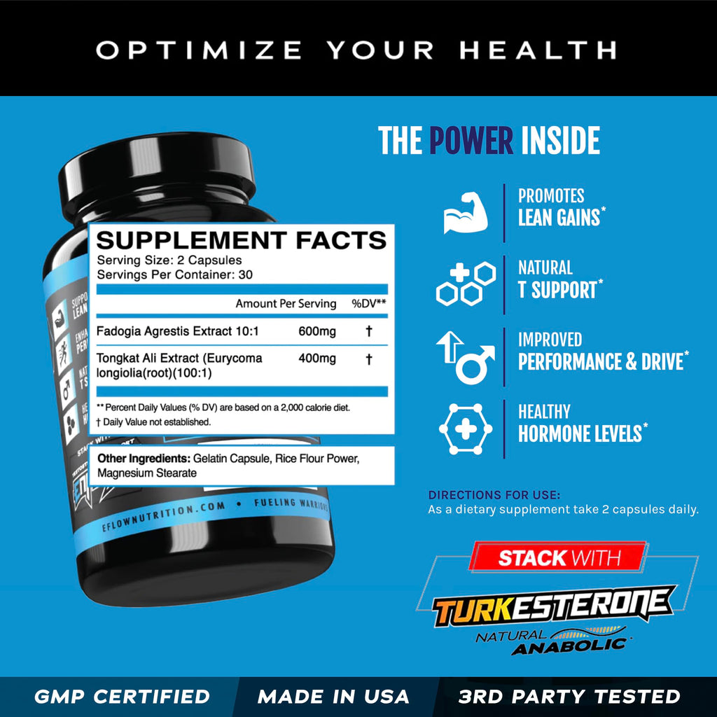 eFlow Nutrition Fadogia Agrestis + Tongkat Ali - [2-in-1] Natural Performance Supplement for Health and Wellness - Hormone, Energy, & Mood Support - Extract Powder (60 Capsules)
