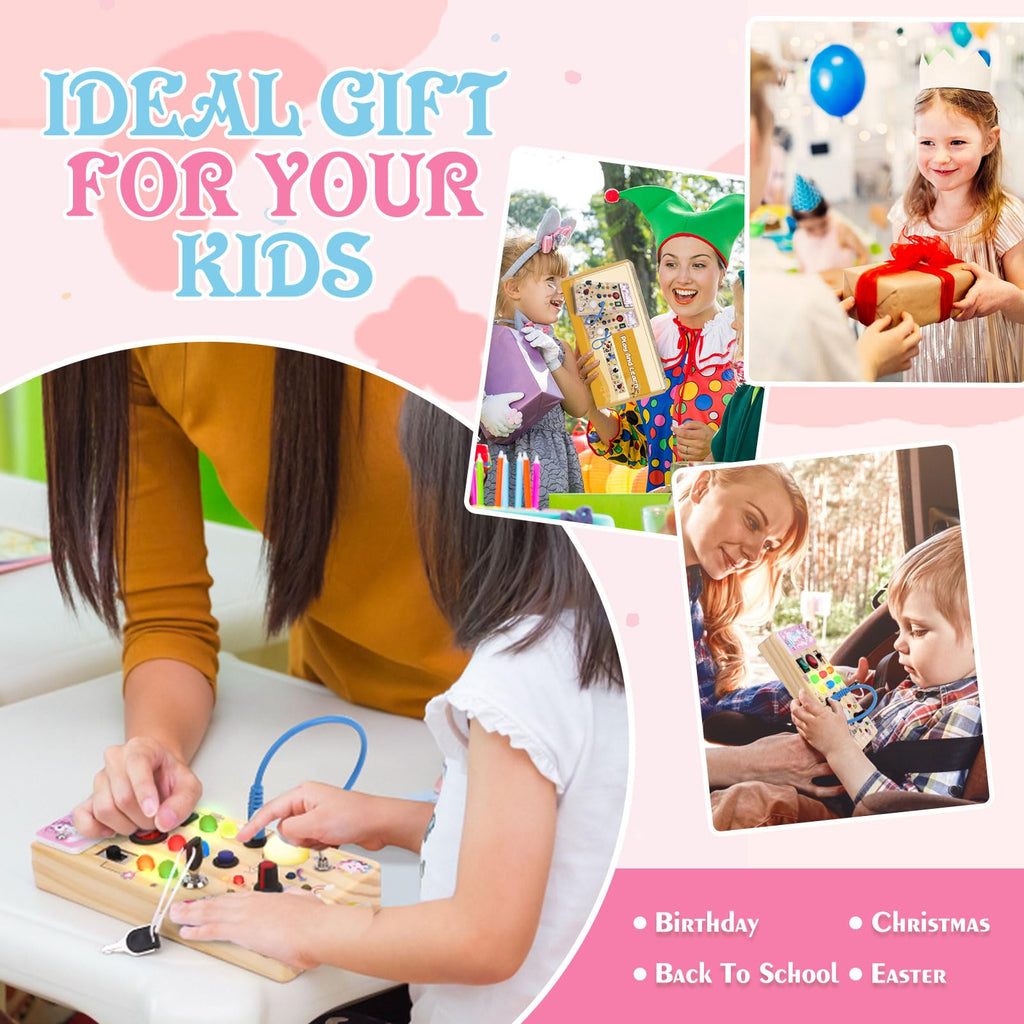 Unicorn Wooden Busy Board Sensory Toys with 8 LED Light switches,Christmas Travel Toys Montessori Toys for 1 Year Old Babies Toodler