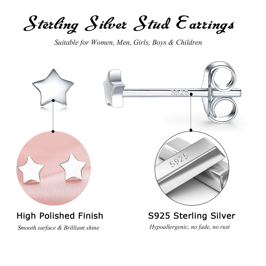 3 Pairs 925 Sterling Silver Star Stud Earrings for Women,Tiny Simple Geometric Stud Earrings Set Small Hypoallergenic Cartilage Tragus Ear Jewellery for Men (3/4/5mm)