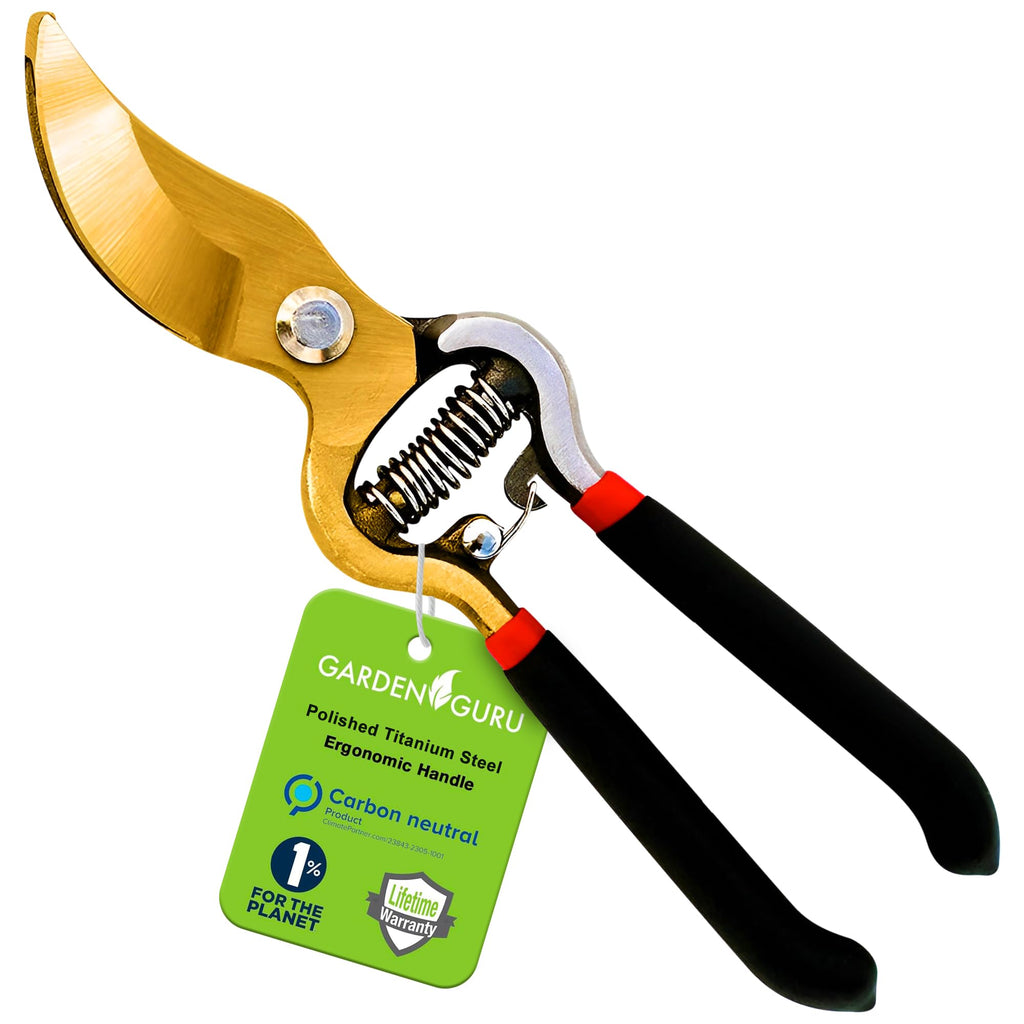 Garden Guru Indestructible Titanium Garden Clippers - Professional Bypass Hand Pruner Pruning Shear with Comfort Grip Handles for Gardening, Trimming, and Yard Work - Hardened Steel & Titanium Blade