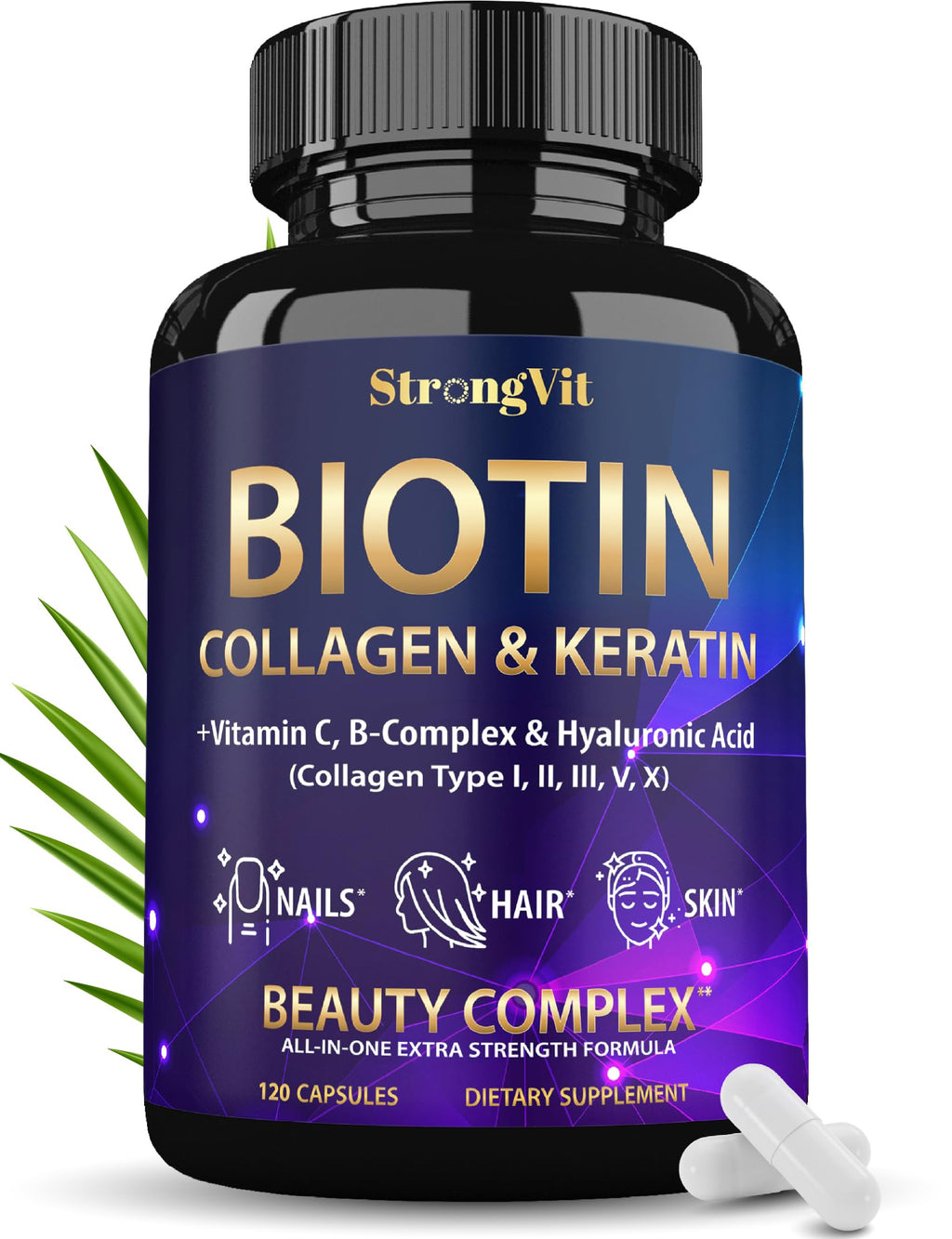 StrongVit Biotin with Hyaluronic Acid, Keratin, and Collagen Supplements - Hair Growth Vitamins for Women, Healthy Nails and Skin, B1, B2, B3, B6, B7 Complex, USA (120 Capsules)