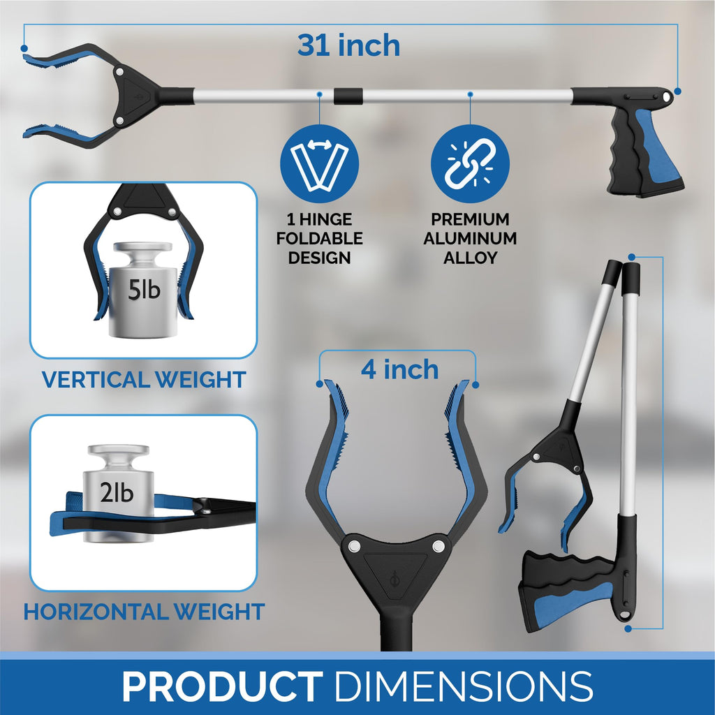 FitPlus 2024 Upgrade PowerGrip T9, Grabber Reacher Tool, Wide Jaw, Foldable, Steel Cable, with 96 Grip Points for Firm Grip, 32" with Magnet (Gray, 32 Inch)