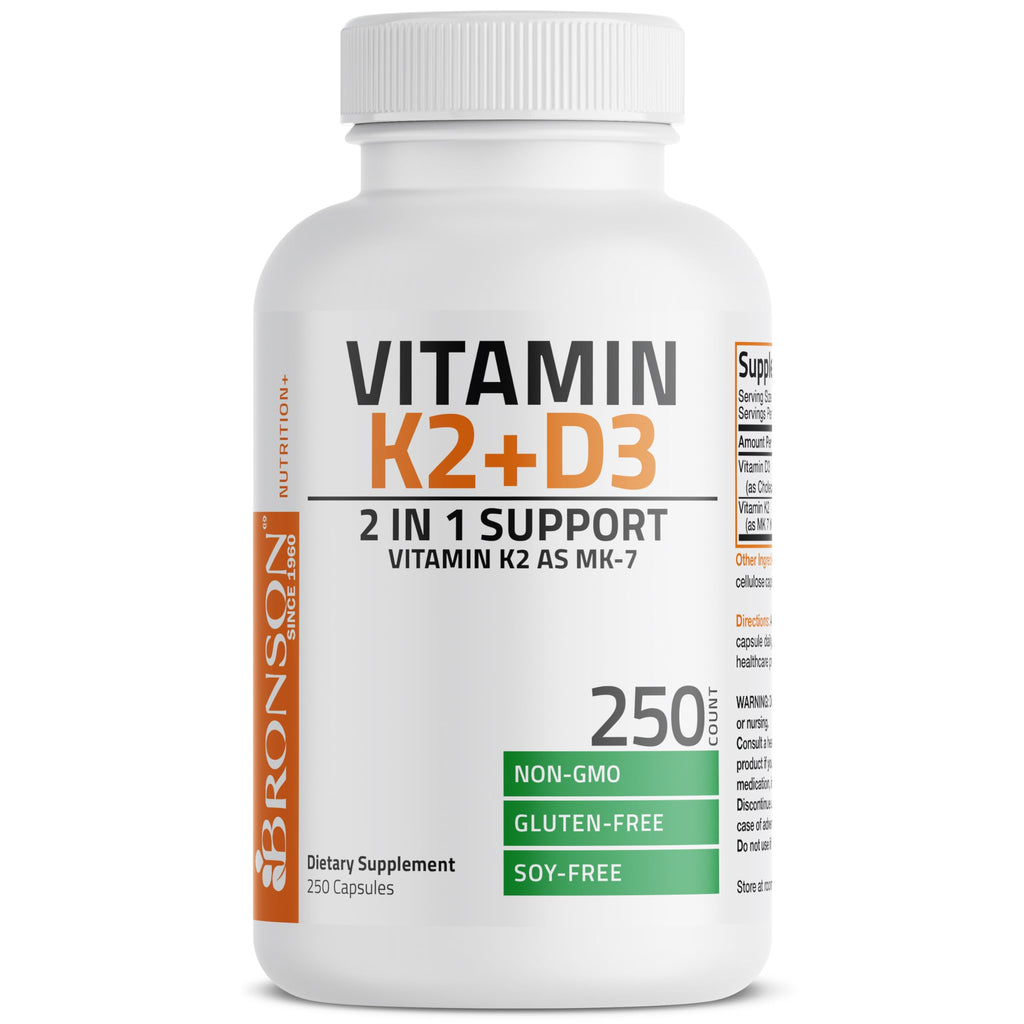 Bronson Vitamin K2 (MK7) with D3 Supplement Non-GMO Formula 5000 IU Vitamin D3 & 90 mcg K2 MK-7 Easy to Swallow D & K Complex, 250 Capsules