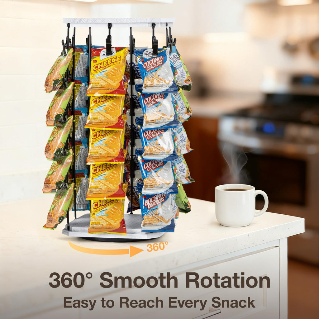 PUERSI Wooden Chip Rack Display Stand, 5 Tiers 40 Clips Rotating Snack Rack for Office Countertop, Snack Organizer Chip Storage Candy Display for Concession, Party, Retail, with Message Board - White