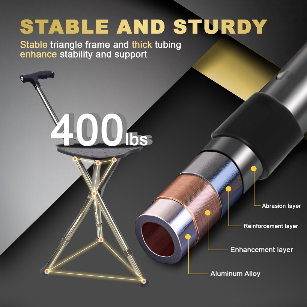 BigAlex Alloy Folding Cane with Seat, Lightweight Adjustable Walking Cane with Seat, Cane Seat with LED for Seniors, Cane Chair for Woman/Man,Anti-Slip Walking Stick for Seniors
