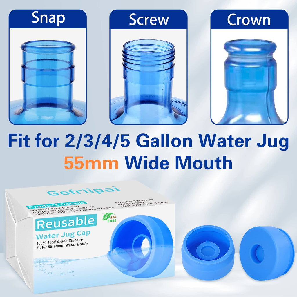 Gofriipai 3 and 5 Gallon Water Jug Cap, Silicone Reusable Replacement Cap, Non Spill Bottle Caps for 55mm Bottle Water Dispenser Caps - Pack of 10