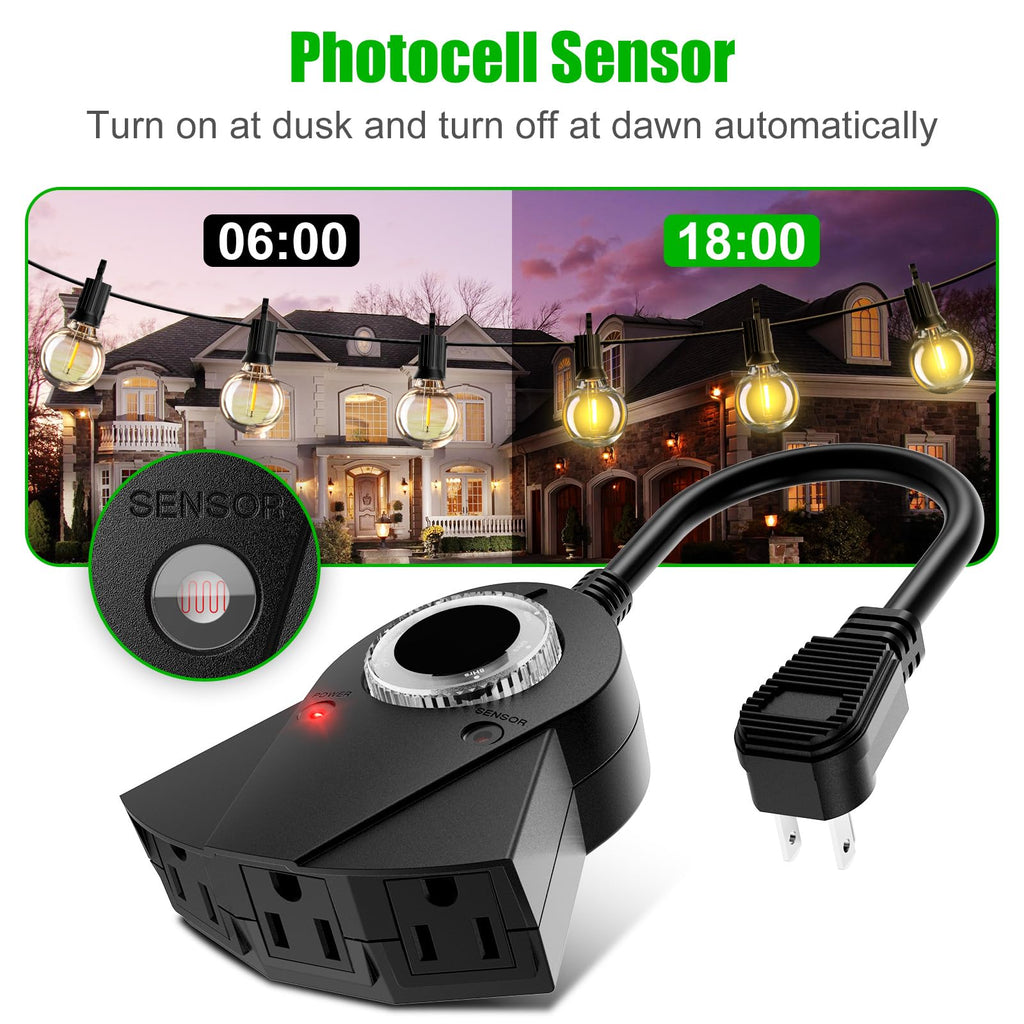 Outdoor Light Timer Waterproof, 24 Hours Plug in Timer with 2, 4, 6 or 8 Hours Countdown Mode, 3 Grounded Dusk to Dawn Electrical Outlet for Outdoor Backyard Garden Patio Lights Christmas Decorations
