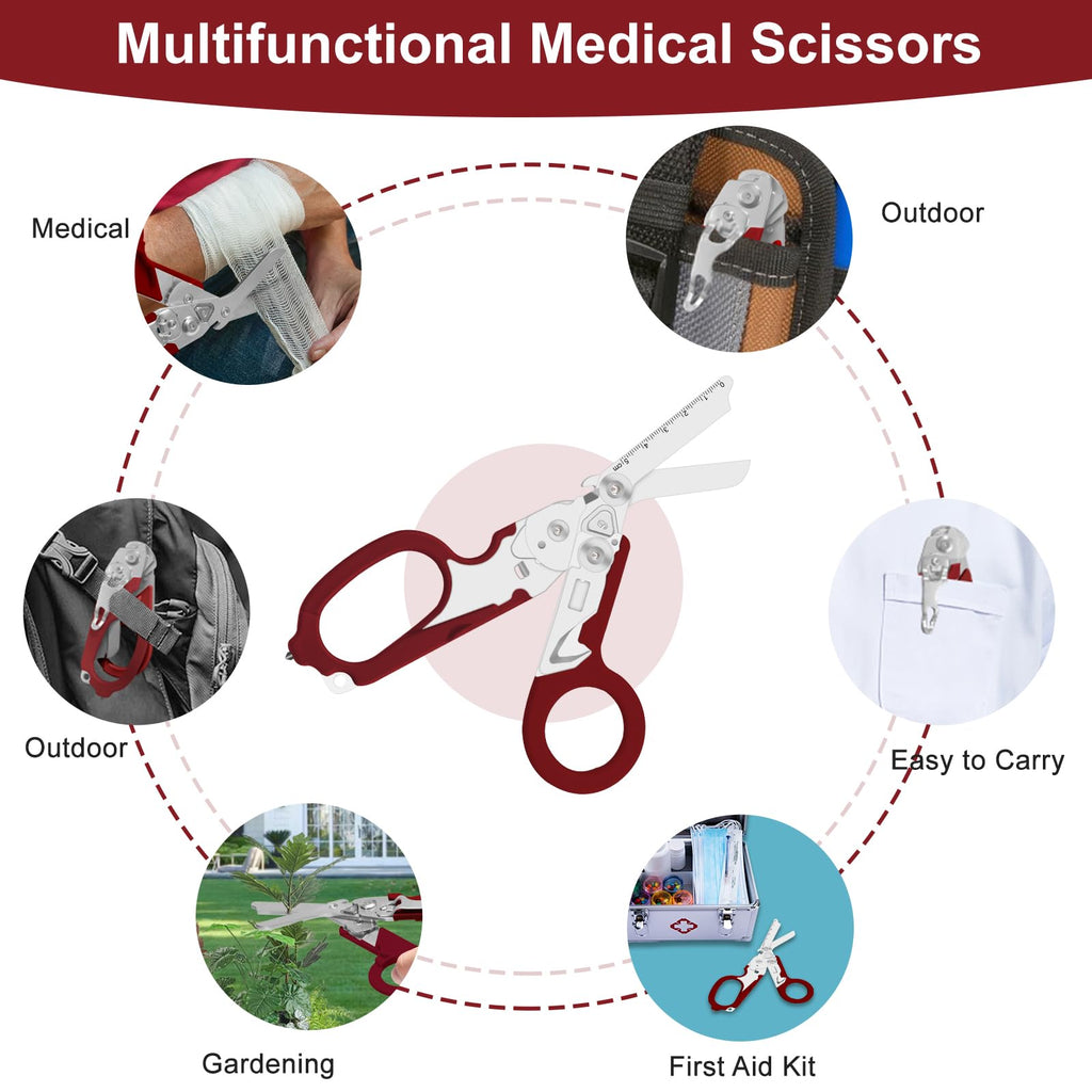 6 in 1 Multifunctional Combination Tool, Folding Retractable Emergency Shears, Outdoor Camping Tools, Seat Belt Cutter, Oxygen Cylinder Wrench, Complimentary Adjustable Wrench (red)