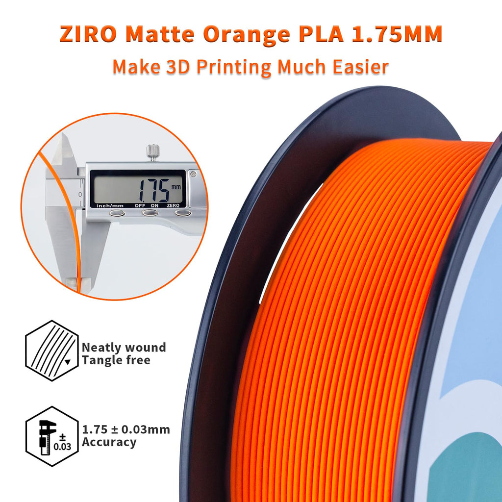 ZIRO Matte PLA Filament 1.75mm, Pure Color No-Shine 3D Printer Filament, High Toughness 3D Printing Material, Military Orange (Matte)