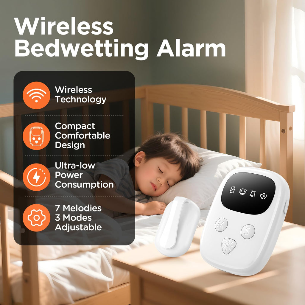 2026 New Wireless Bed Wetting Alarm for Boys and Girls, White Bedwetting Alarm, Compact & Comfortable Wireless Sensor, 7 Melodies 3 Modes,Includes Progress Card and Stickers