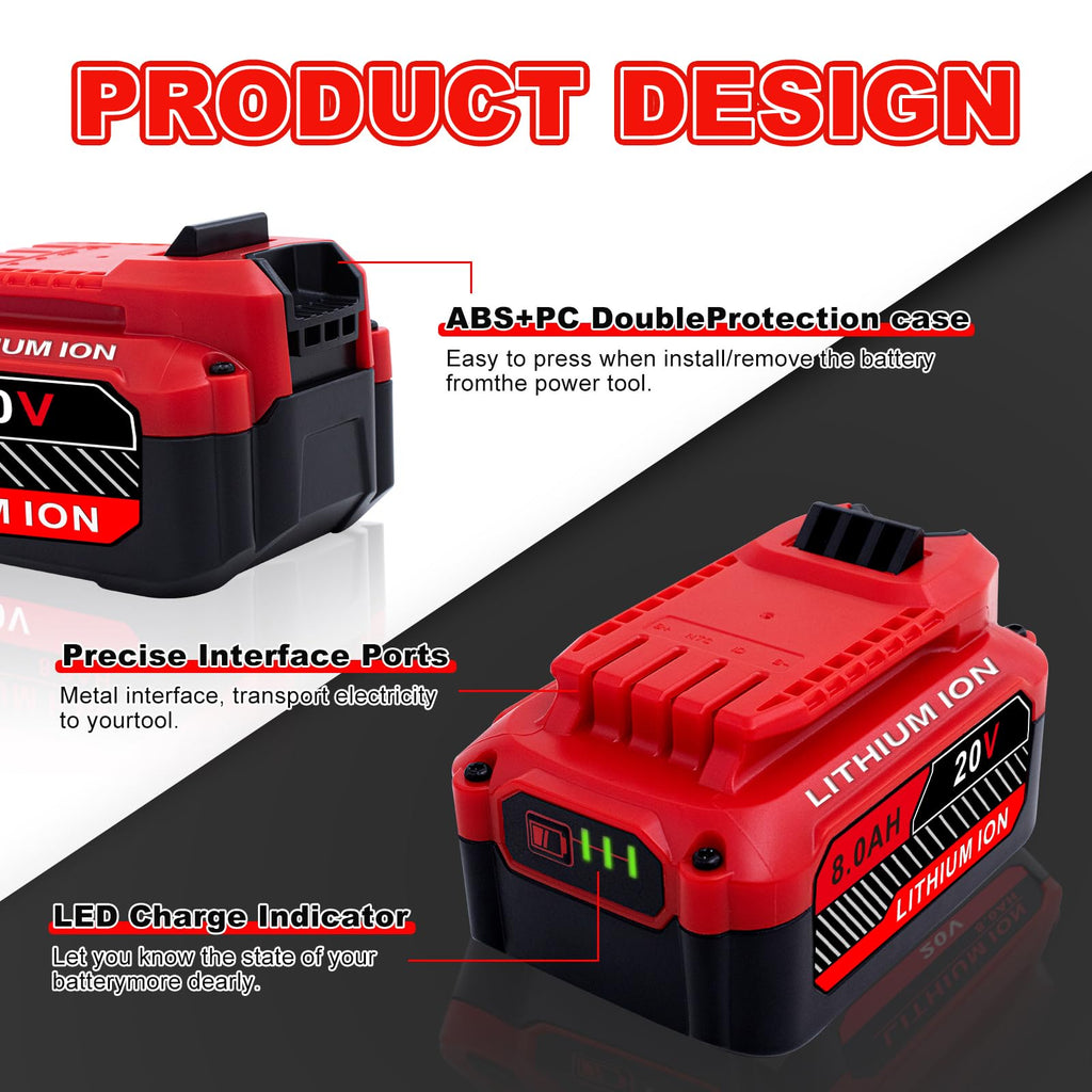 Cheerlark Upgrade 2-Pack 20V 8.0Ah Replacement for Craftsman 20V Battery V20 Lithium ion Batteries Compatible with CMCB205 CMCB204 CMCB206 CMCB202 CMCB201 20V Cordless Power Tools