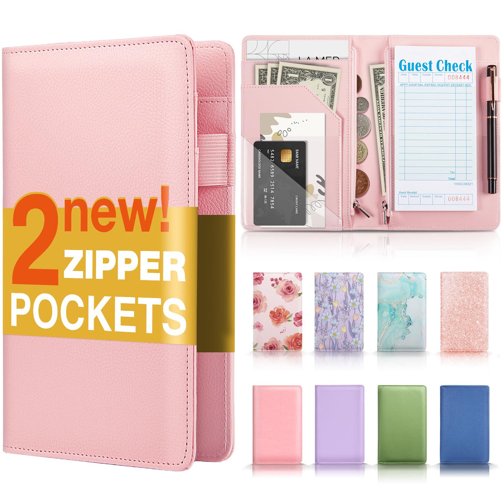 Server Book with 2 Zipper Pockets, Leather Server Books for Waitress